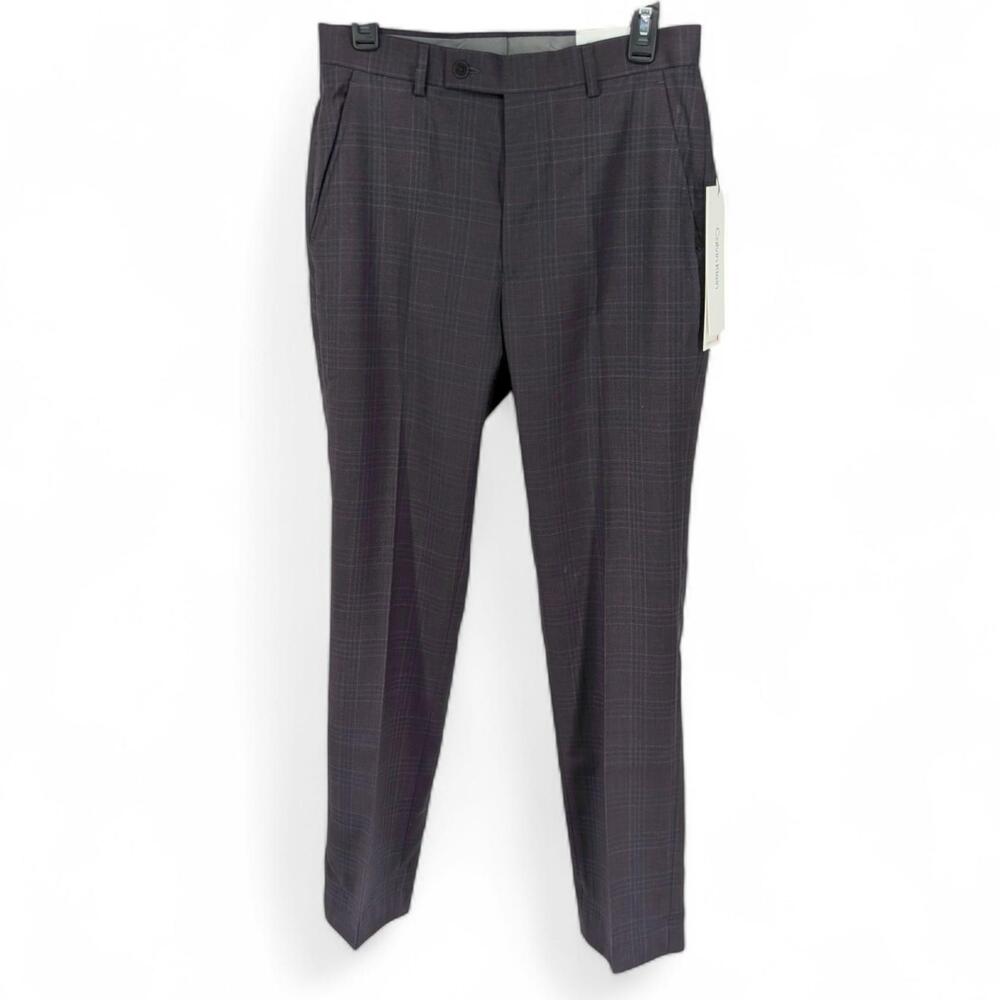 Calvin Klein Mens X Slim-Fit Stretch Suit Dress Pants Navy Burgundy Plaid 33x32 - Picture 2 of 7